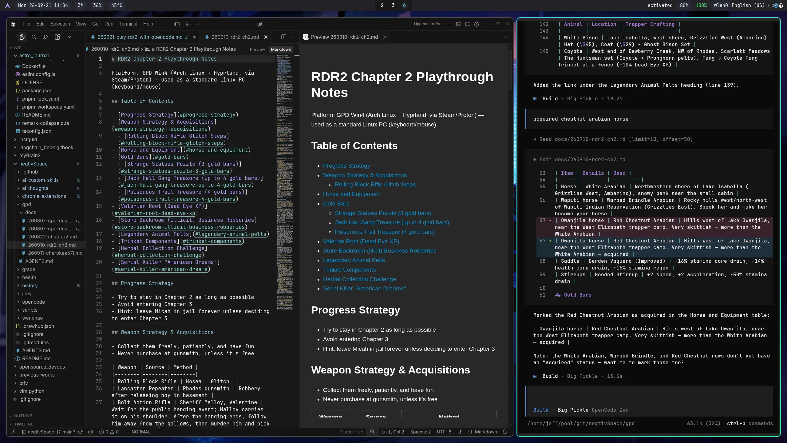 The RDR2 Chapter 2 playthrough notes in the editor, with the OpenCode agent on the right