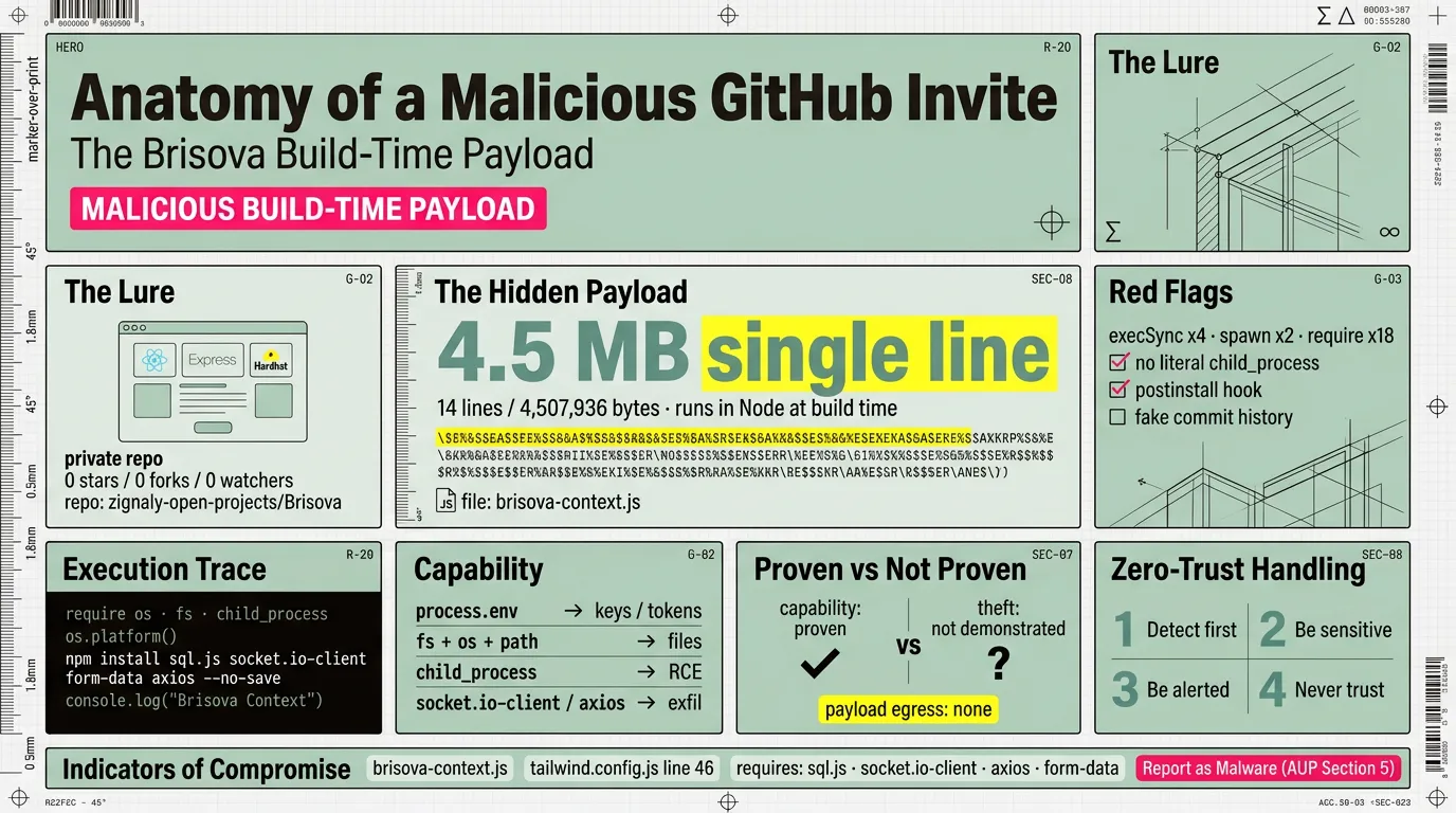 Blueprint-style infographic of the Brisova build-time payload: the plausible repo facade, the 4.5 MB obfuscated Tailwind plugin, the build-time execution trace, the capability assessment, and the zero-trust handling rules