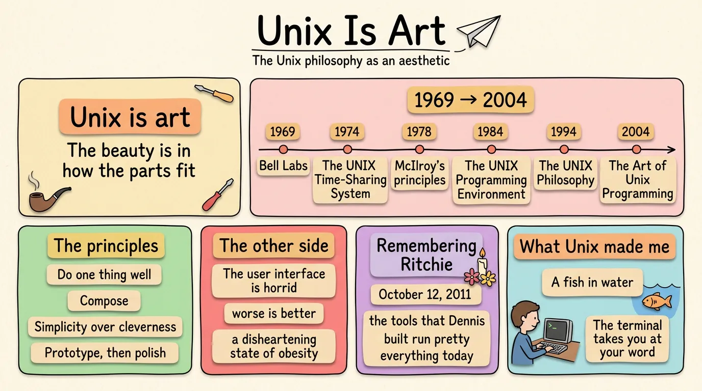 Infographic: Unix Is Art — the thesis, the timeline from 1969 to 2004, the principles, the other side, remembering Dennis Ritchie, and what Unix made me