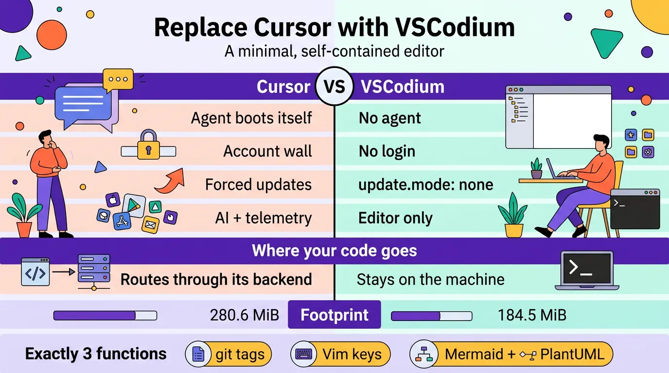 Infographic: Replace Cursor with a Minimal VSCodium AppImage — the Cursor-vs-VSCodium comparison, where your code goes, the footprint, and the three functions