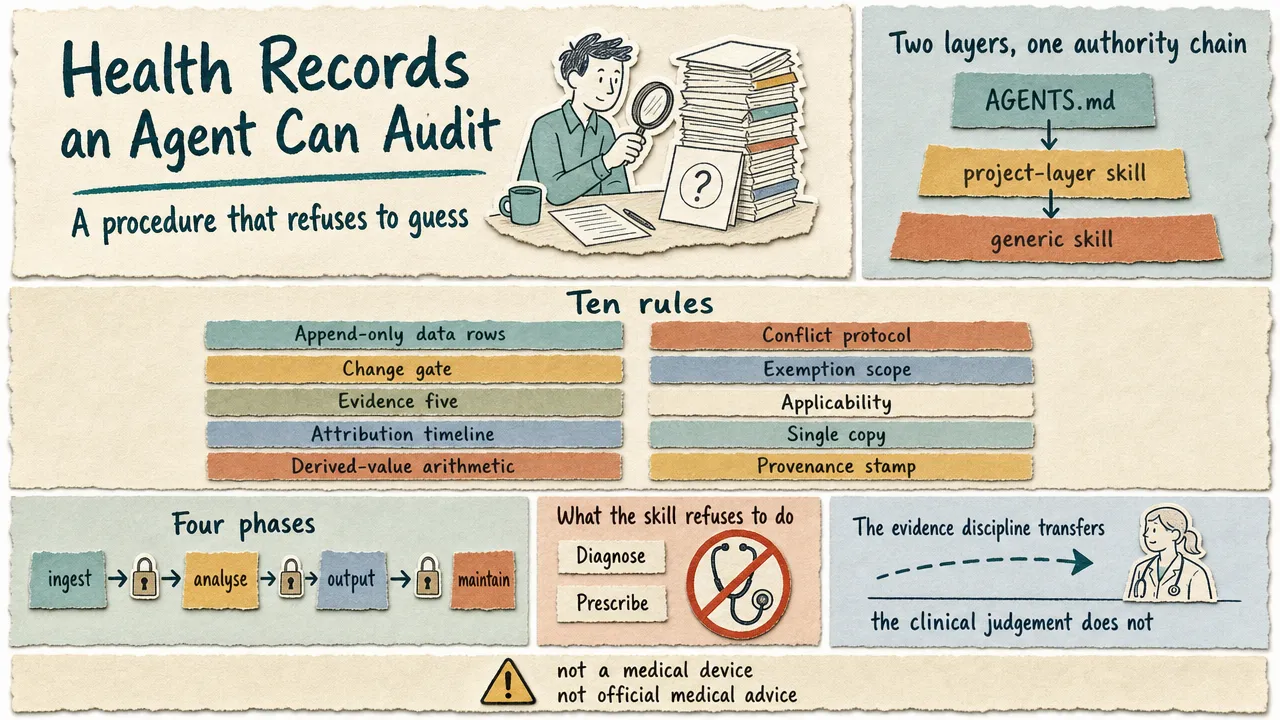 Infographic: a two-layer medical-record review skill — the AGENTS.md → project-layer skill → generic skill authority chain, the ten rules, the four phases with their safety rails, what the skill refuses to do, and the verdict that the evidence discipline transfers while the clinical judgement does not
